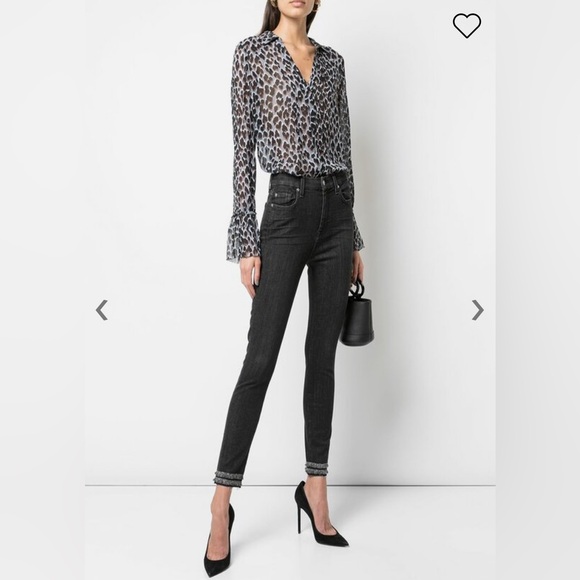 PAIGE Tops - PAIGE Abriana Grey Black Printed Leopard Button Down Silk Shirt Bell Sleeve sz S